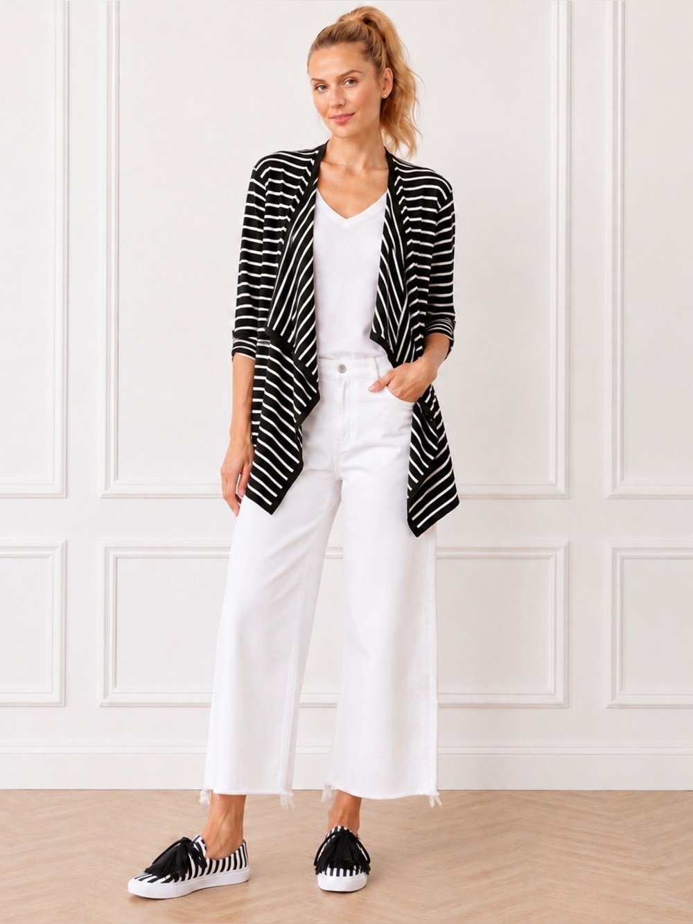 Talbots Womens Medium Black White Stripe Open Front Cotton Cardigan Wrap Sweater
